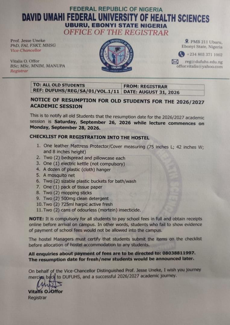 NOTICE OF RESUMPTION FOR OLD STUDENTS FOR THE 2026/2027 ACADEMIC SESSION